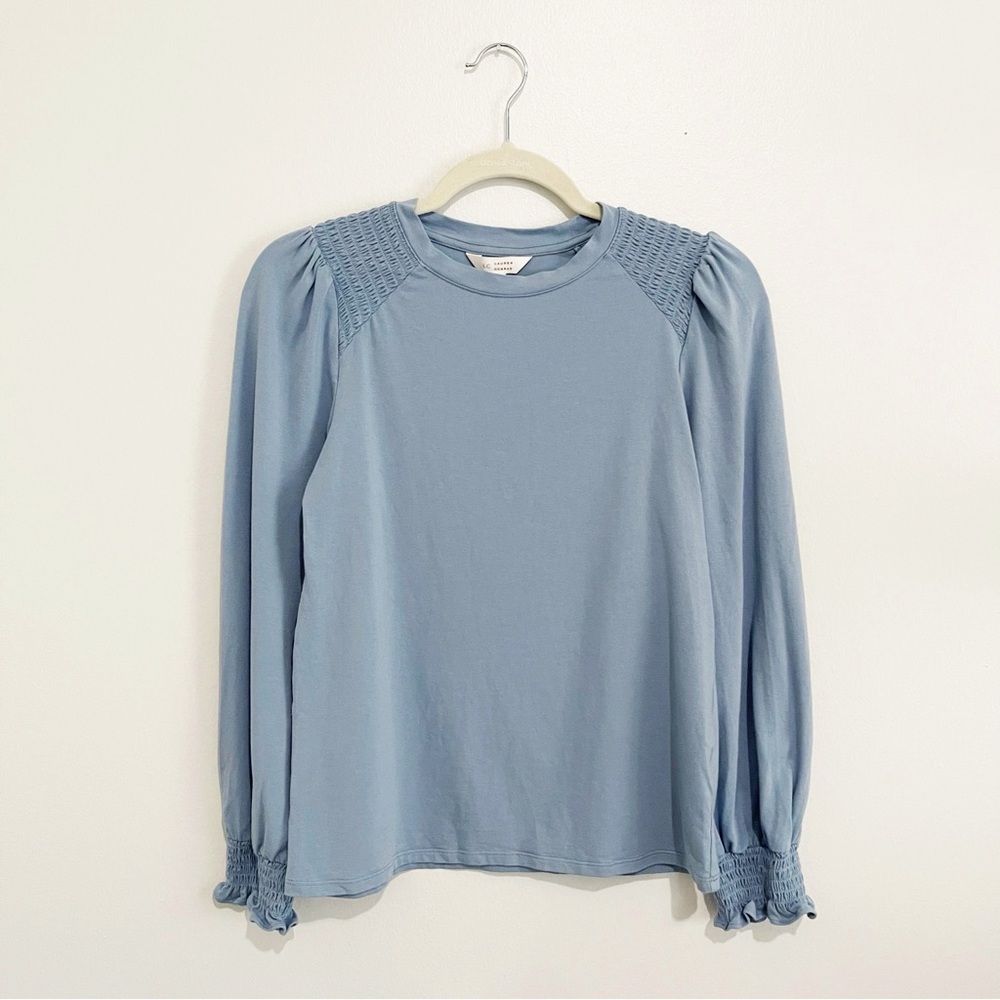 LC Lauren Conrad Smocked Long Sleeve Top Jersey Blouse Blue Ruffle Sleeve Sz XS - Picture 2 of 6
